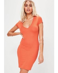 Missguided Orange Cap Sleeve V Neck Bodycon Dress