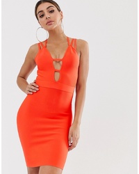 The Girlcode Plunge Bandage Dress In Hot Coral