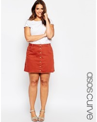 Asos Curve Dolly Denim Button Through A Line Skirt In Rust