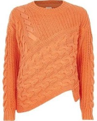 River Island Orange Cable Knit Asymmetric Hem Sweater