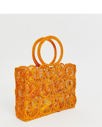 Kaanas Woven Raffia Circle Handle Detail Clutch Bag In Orange