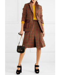 Prada Leather Trimmed Checked Wool Blend Tweed Skirt Orange