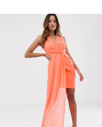 TFNC Wrap Front Dress With Asymmetric Hem In Coral