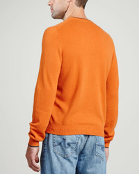 Neiman Marcus Contrast Tipped Cashmere Pique Sweater Orange