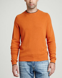 Neiman Marcus Contrast Tipped Cashmere Pique Sweater Orange