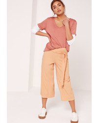 Missguided Ribbed Tie Waist Culottes Nude