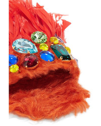 Miu Miu Crystal Embellished Shearling And Feather Slides Bright Orange