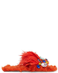 Miu Miu Crystal Embellished Shearling And Feather Slides Bright Orange