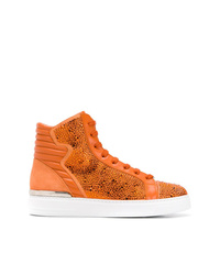 Orange Embellished Leather High Top Sneakers