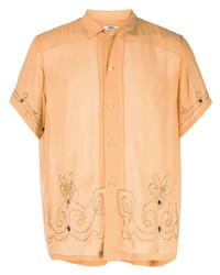 Orange Embellished Silk Short Sleeve Shirt