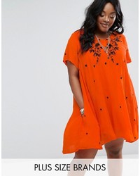 Orange Embroidered Denim Dress