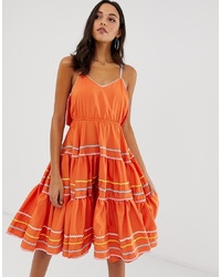 Orange Embroidered Fit and Flare Dress
