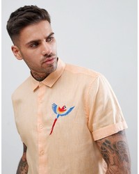 ASOS DESIGN Regular Textured Shirt With Embroidery In Pale Orange