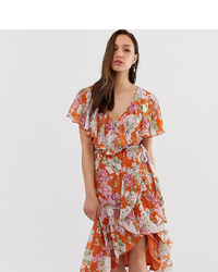 Asos Tall Asos Design Tall Midi Dress With Cape Back And Dipped Hem In Red Based Floral