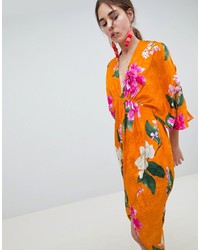 ASOS DESIGN Kimono Midi Dress In Bold Floral Jacquard