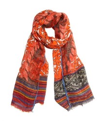 Etro Orange And Red Bird Printed Linen Woven 25 X 78 Scarf