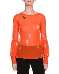 Giorgio Armani Sheer Floral Print Silk Top Orange