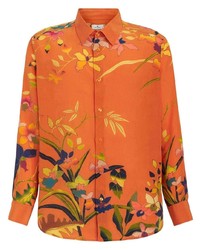 Orange Floral Silk Long Sleeve Shirt