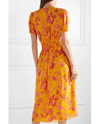 Carolina Herrera Pintucked Floral Print Silk De Chine Midi Dress