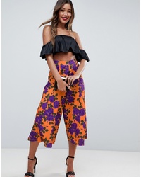 ASOS DESIGN Asos Cropped Wide Leg Trousers With Flowing Hem In Orange Floral Print Floral