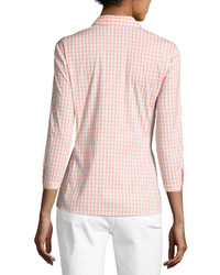 Lafayette 148 New York Leigh 34 Sleeve Ruched Gingham Blouse Nectarina Multi