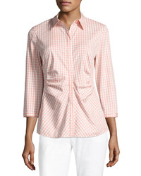 Lafayette 148 New York Leigh 34 Sleeve Ruched Gingham Blouse Nectarina Multi