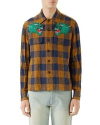 Gucci Macro Gingham Panther Applique Linen Shirt Jacket