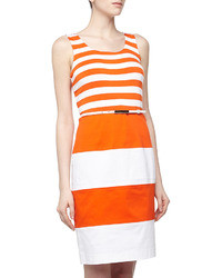 Neiman Marcus Mixed Stripe Fit And Flare Dress Orange Peelwhite