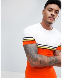 ASOS DESIGN Muscle Fit Longline T Shirt With Bright Colour Block And Taping In Orange