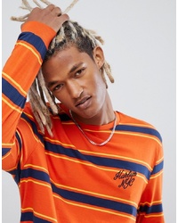 ASOS DESIGN Relaxed Long Sleeve T Shirt With Orange Stripe And Embroidery