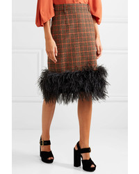 Prada Feather Trimmed Checked Wool Blend Tweed Skirt Orange