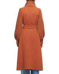 Chloé Chloe Brushed Wool Knit Sleeve Long Coat With Belt Dark Orange