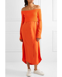 DKNY Off The Shoulder Ribbed Knit And Twill Midi Dress Orange