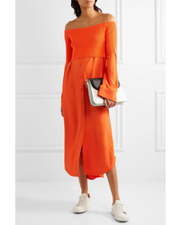 DKNY Off The Shoulder Ribbed Knit And Twill Midi Dress Orange