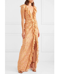 Alice McCall Notion Ruffled Metallic Chantilly Lace Gown