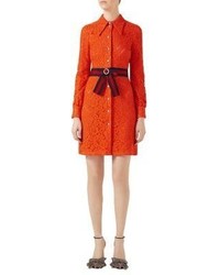 Gucci Belted Cluny Lace Shirtdress