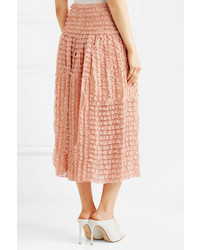 Chloé Ruffled Lace Trimmed Silk Organza Midi Skirt Peach