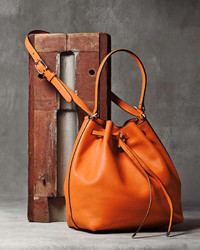 Tory Burch Toggle Drawstring Leather Bucket Bag Equestrian Orange