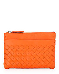 Bottega Veneta Zip Top Woven Leather Key Pouch Tangerine Orange