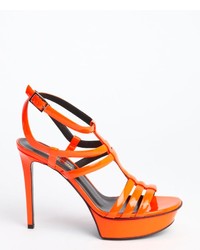Saint Laurent Neon Orange Patent Leather Vitello Vernice Strappy Sandals