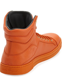 Salvatore Ferragamo Calfskin High Top Sneaker Orange