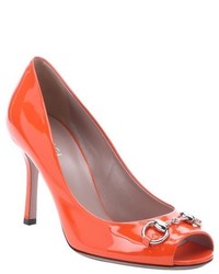 Gucci Orange Patent Leather Jolene Horsebit Peep Toe Pumps