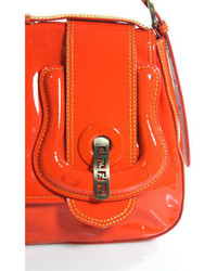 Fendi Auth Orange Patent Leather Buckle Satchel Purse Handbag Sz S