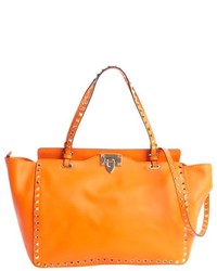 Valentino Orange Leather Rockstud Medium Tote Bag