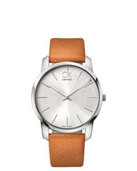 Calvin Klein K2g21138 Orange Leather Swiss Quartz Watch With Silver Dial