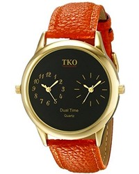 Tko Dual Time Zone Gold Watch Orange Leather Strap Ideal For The Around The World Traveler Or Flight Attendant Tk657