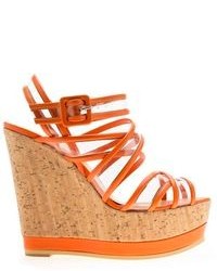 Orange Leather Wedge Sandals