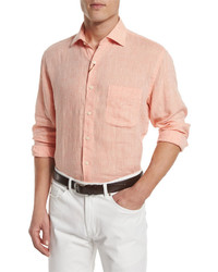 Peter Millar Solid Long Sleeve Linen Shirt Orange