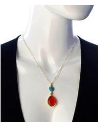 Athena Designs Gold Turquoise And Orange Quartz Cabochon Double Drop Pendant Necklace