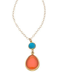 Athena Designs Gold Turquoise And Orange Quartz Cabochon Double Drop Pendant Necklace